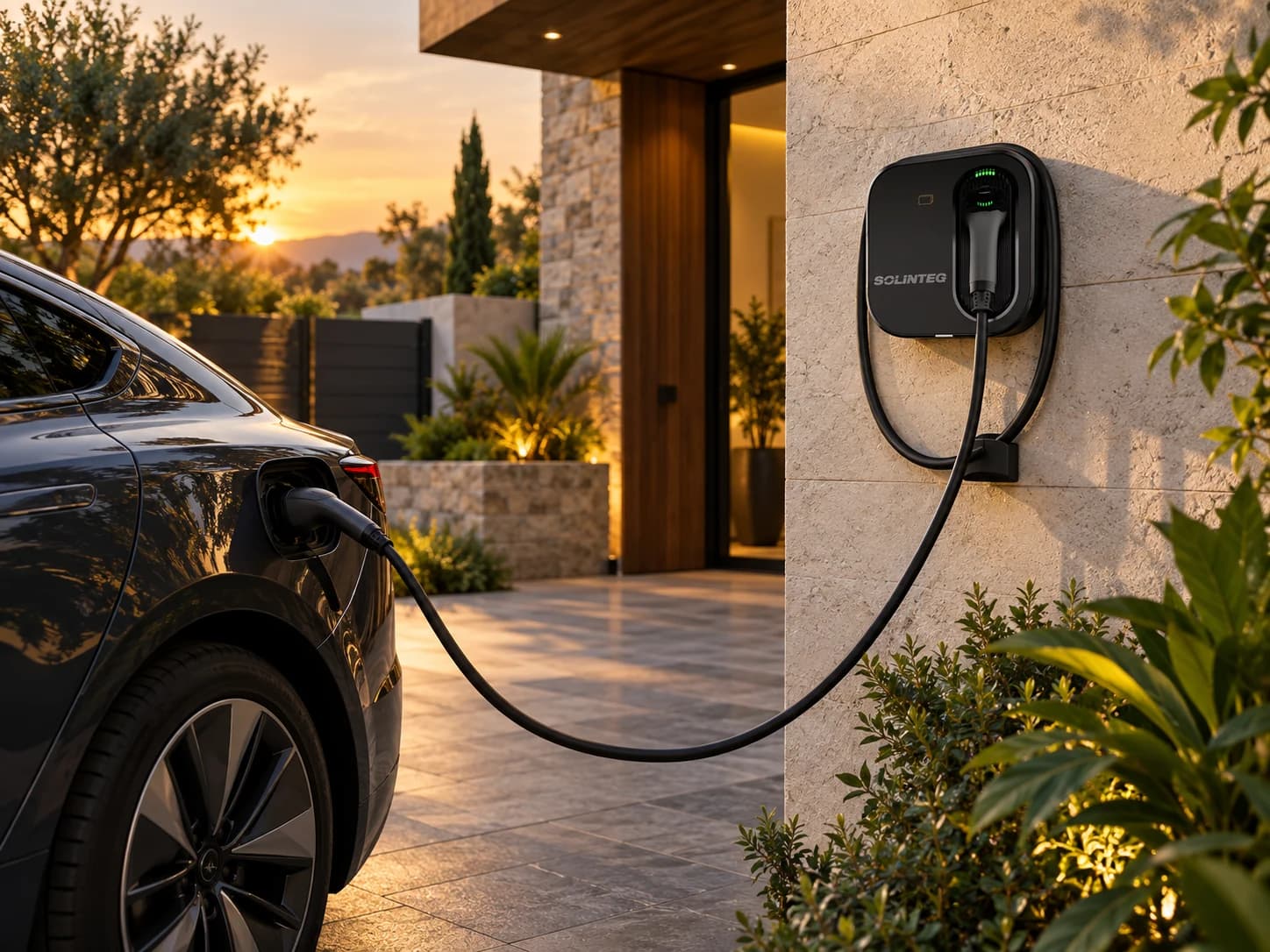 Solinteg home EV charger installed at a modern villa during golden hour