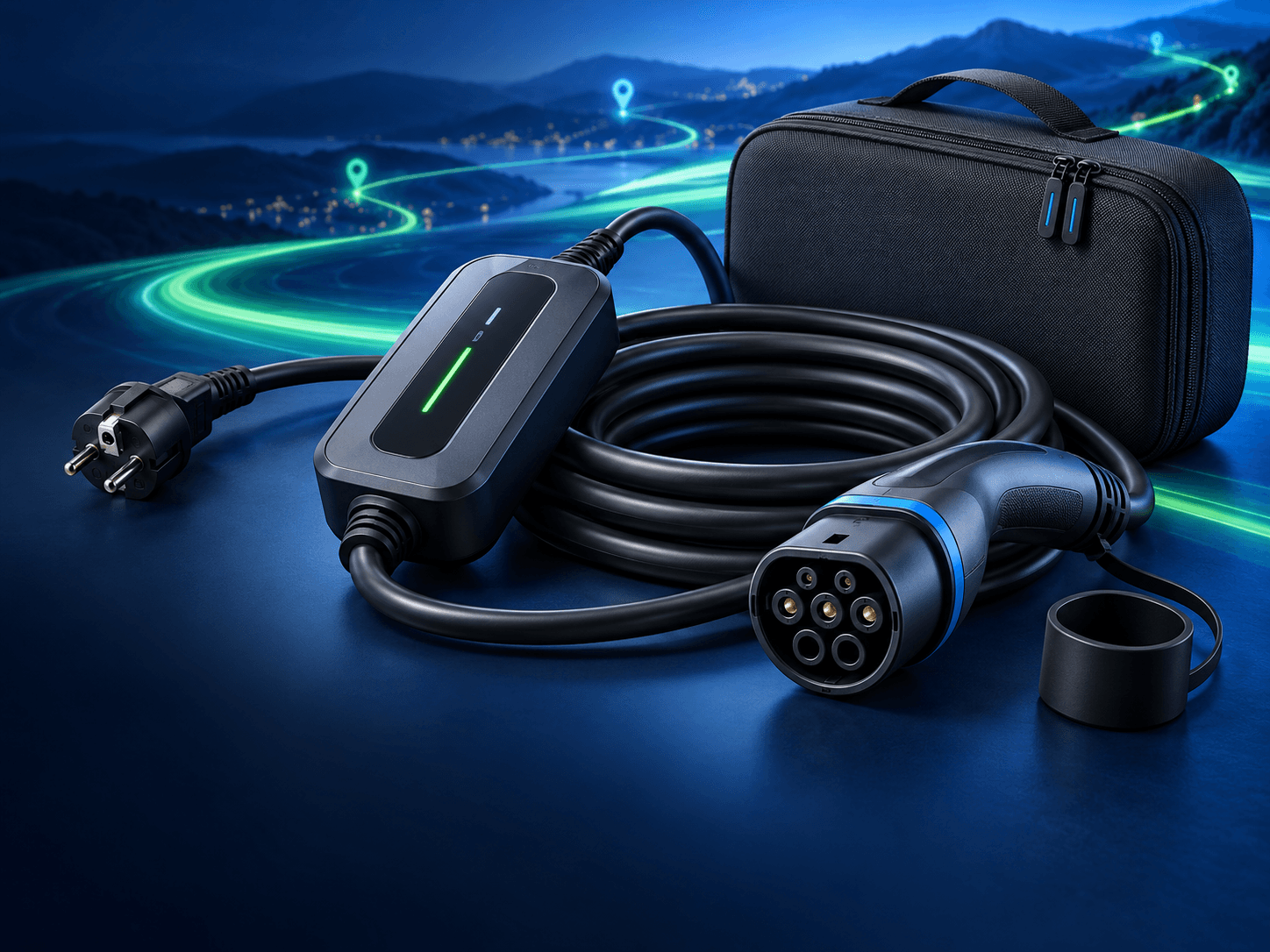 Portable EV charger kit with travel case, control unit, cable and Type 2 connector