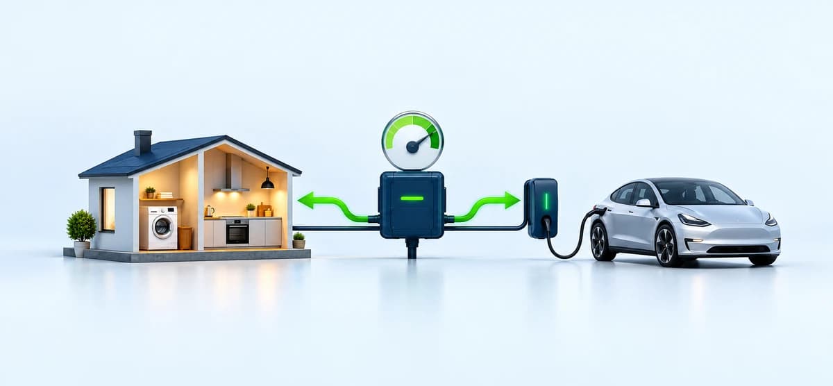 Home appliances and an EV charger sharing power through a smart load controller
