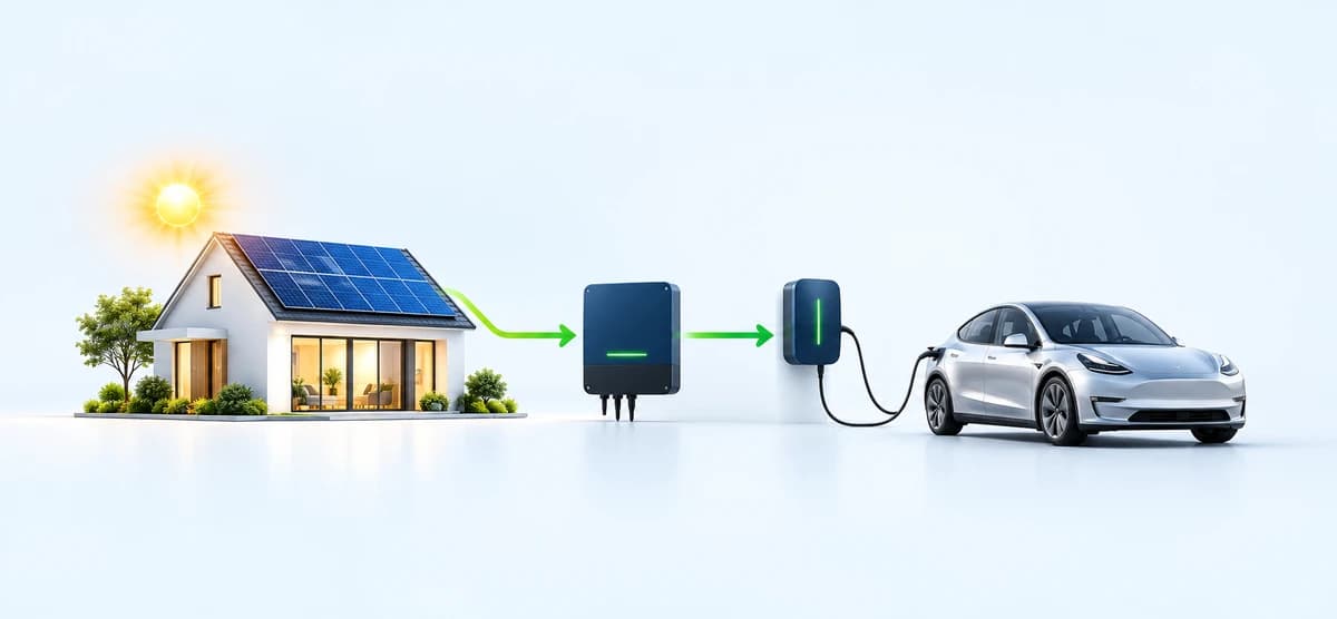 Solar panels feeding an inverter, home EV charger and electric car