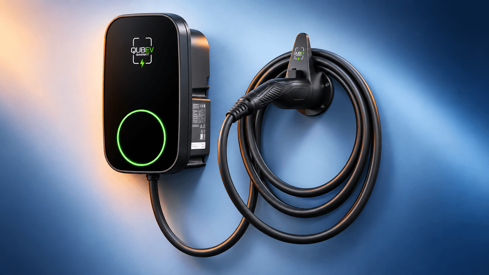 Black Rolec Qubev Smart wallbox with its charging cable